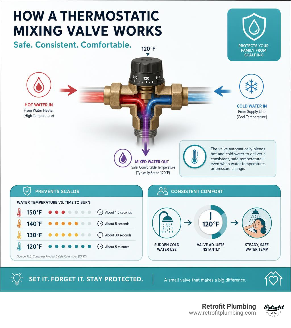 Infographic showing how a thermostatic mixing valve blends hot and cold water with temperature and burn time data infographic Infographic showing how a thermostatic mixing valve blends hot and cold water with temperature and burn time data infographic