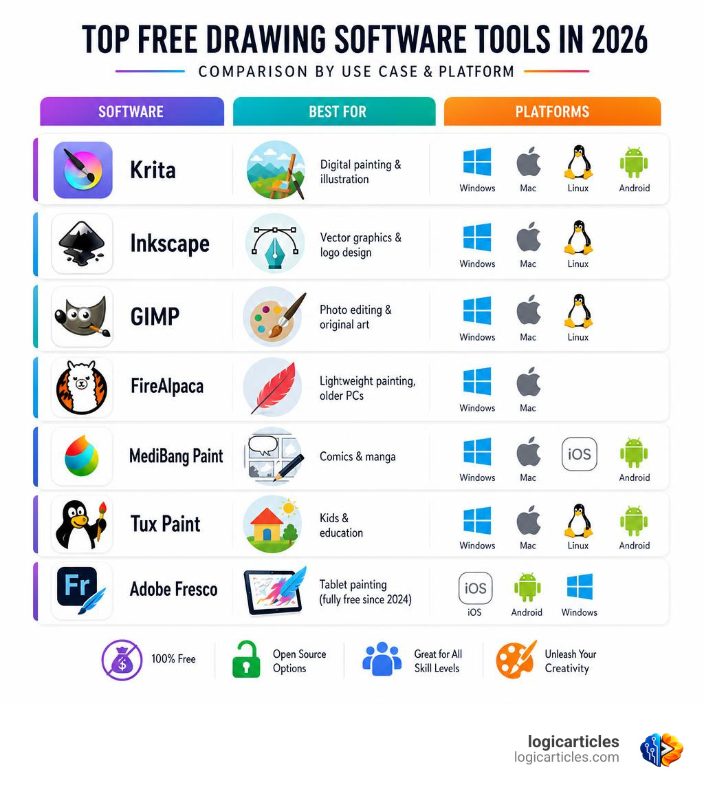 Comparison infographic of top free drawing software tools in 2026 by use case and platform infographic Comparison infographic of top free drawing software tools in 2026 by use case and platform infographic