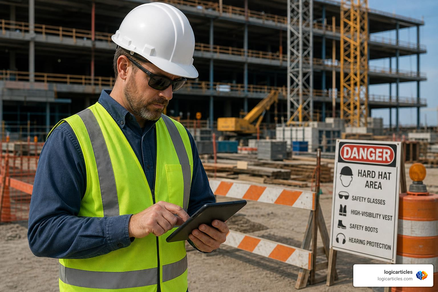 A safety inspector reviewing digital hazard logs on a mobile device at a job site A safety inspector reviewing digital hazard logs on a mobile device at a job site