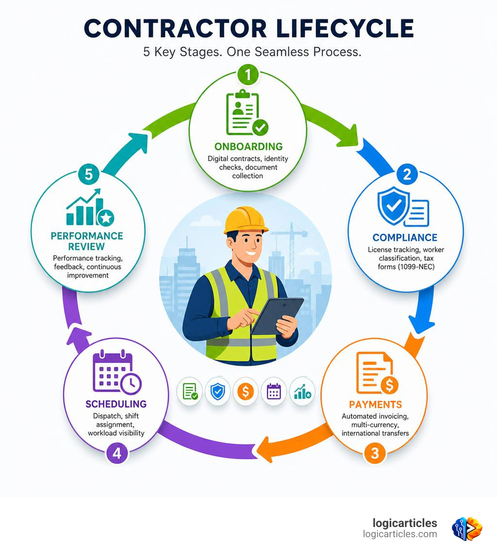 Contractor lifecycle: onboarding, compliance, scheduling, payments, and performance review infographic Contractor lifecycle: onboarding, compliance, scheduling, payments, and performance review infographic