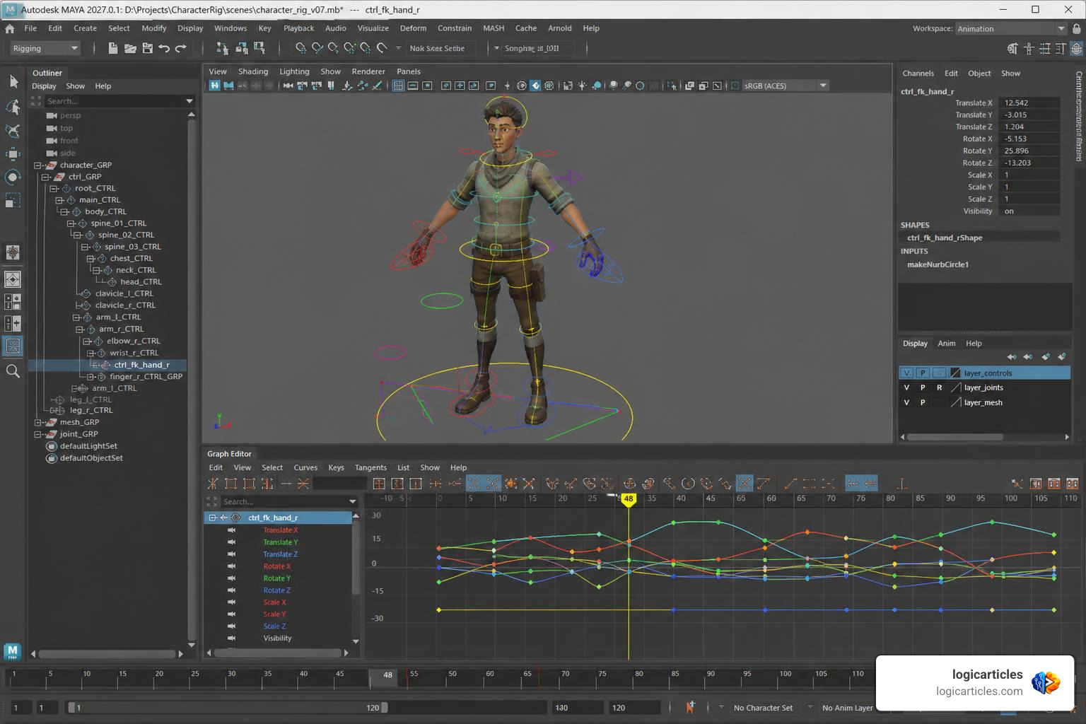 Autodesk Maya 2027 viewport showing character rigging and animation curves Autodesk Maya 2027 viewport showing character rigging and animation curves