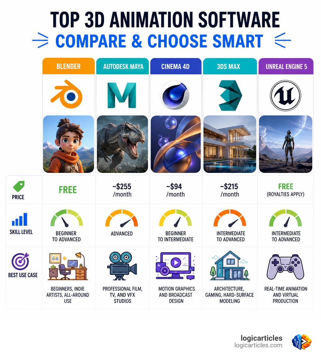 3D animation software comparison infographic showing top tools by price, skill level, and best use case infographic 3D animation software comparison infographic showing top tools by price, skill level, and best use case infographic