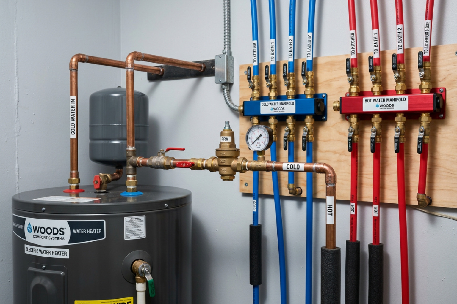 home water supply lines connected to a water heater and manifold system home water supply lines connected to a water heater and manifold system