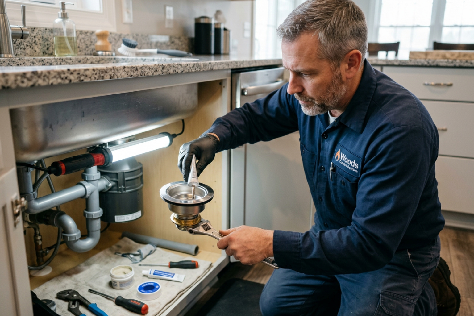 Professional plumber installing a new sink flange in a stainless steel sink Professional plumber installing a new sink flange in a stainless steel sink