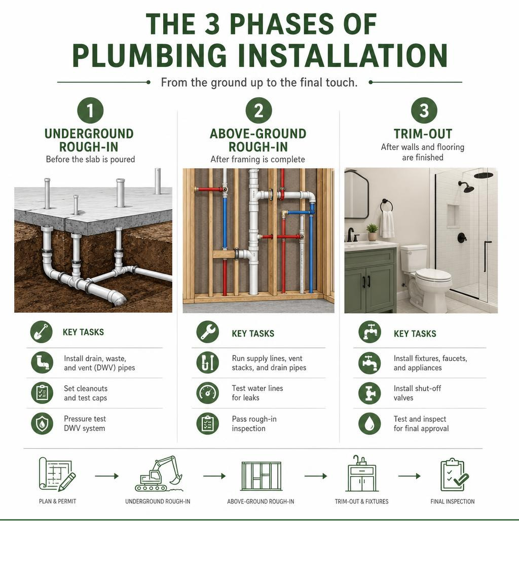 Infographic showing the three phases of plumbing installation: underground rough-in, above-ground rough-in, and trim-out Infographic showing the three phases of plumbing installation: underground rough-in, above-ground rough-in, and trim-out