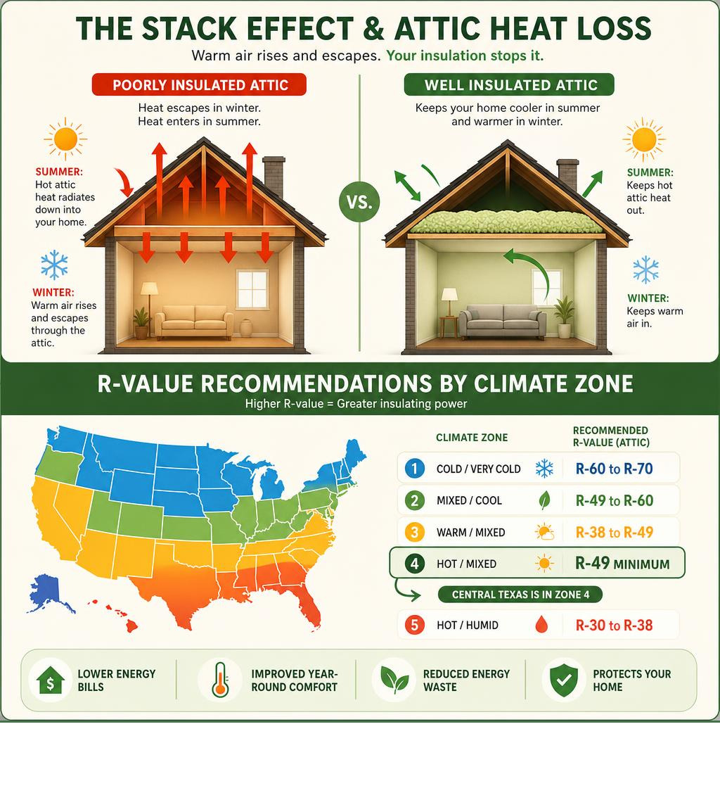 Infographic showing stack effect and attic heat loss with R-value recommendations by climate zone infographic Infographic showing stack effect and attic heat loss with R-value recommendations by climate zone infographic