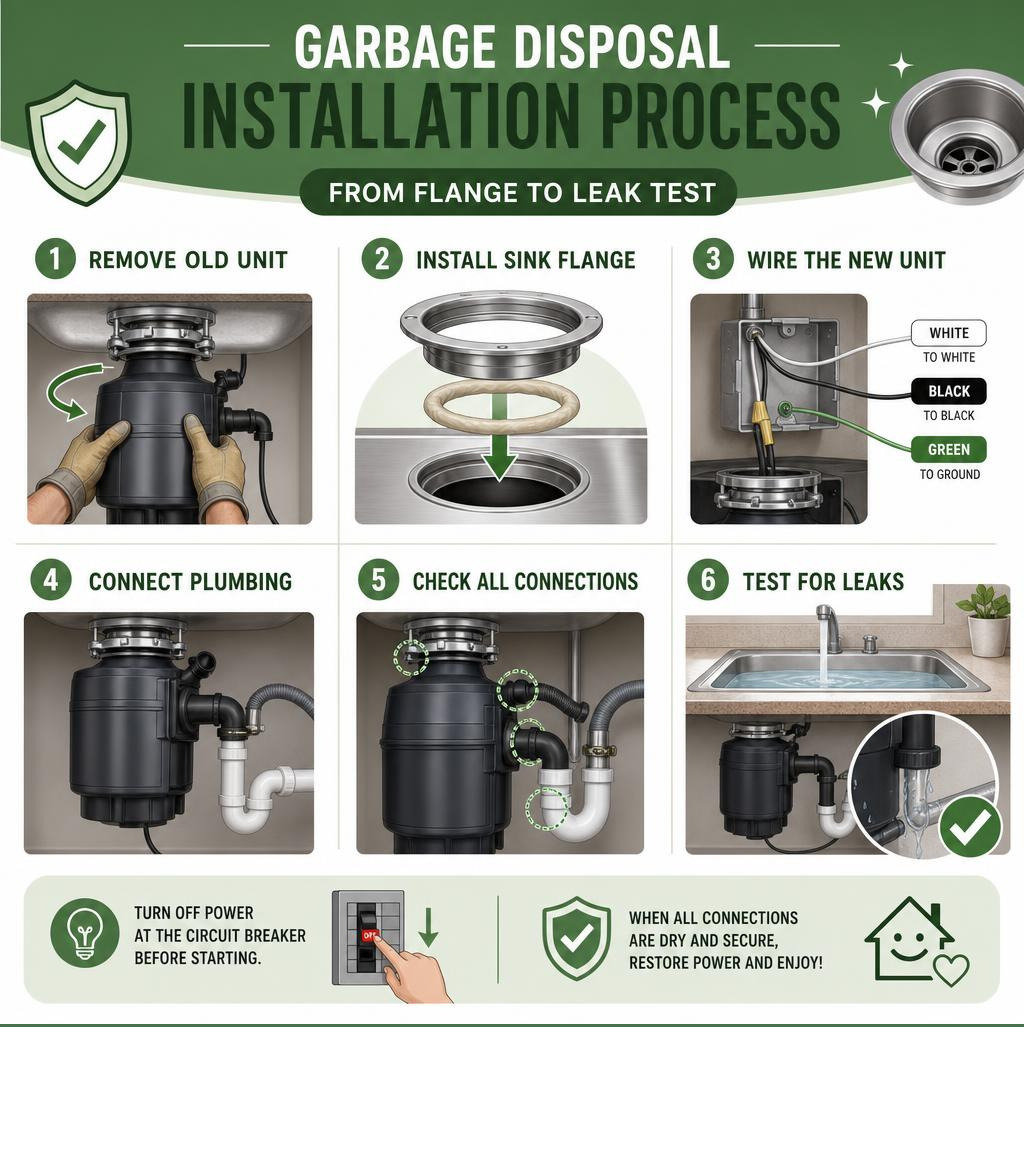 Step-by-step infographic showing garbage disposal installation process from flange to leak test infographic Step-by-step infographic showing garbage disposal installation process from flange to leak test infographic