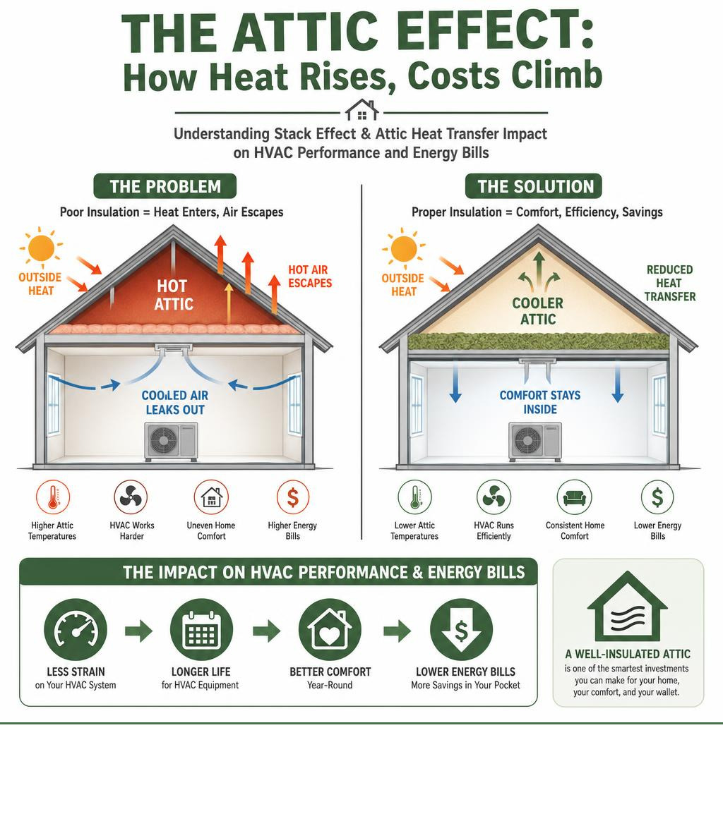 Infographic showing stack effect and attic heat transfer impact on HVAC performance and energy bills infographic
