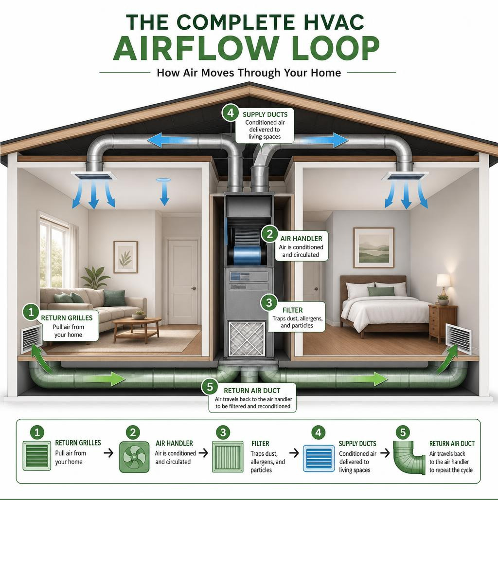 Diagram showing complete HVAC airflow loop with return air duct, air handler, filter, supply ducts, and return grilles in a Diagram showing complete HVAC airflow loop with return air duct, air handler, filter, supply ducts, and return grilles in a