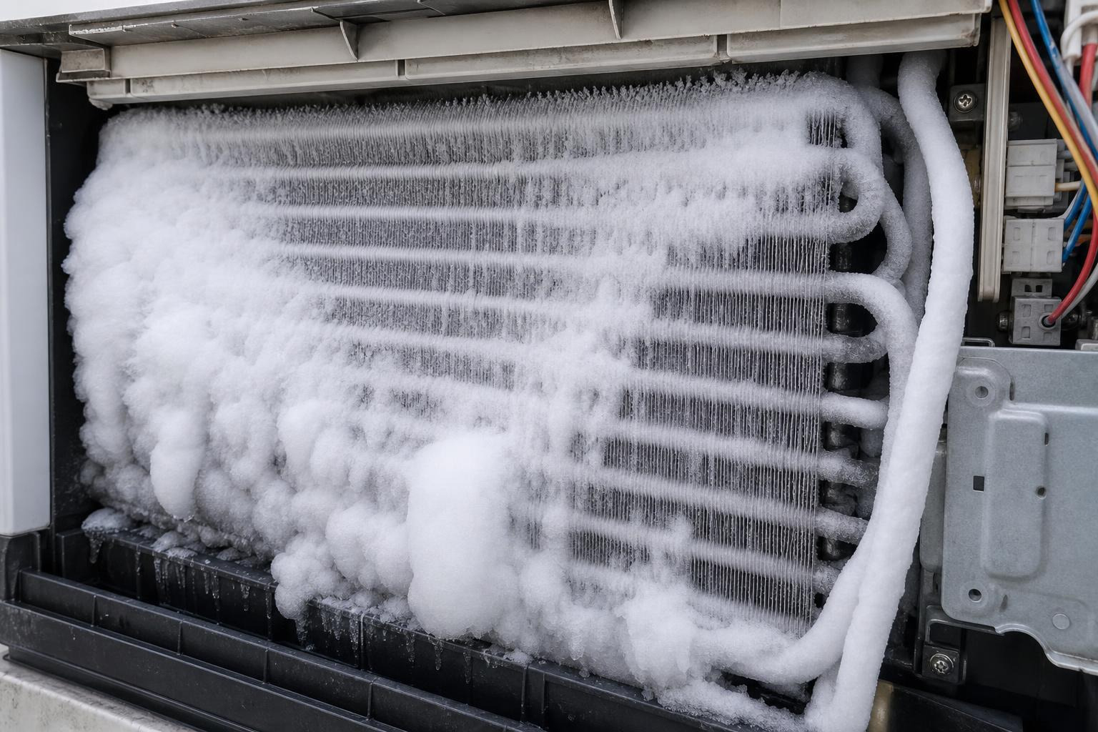 frozen evaporator coil covered in ice