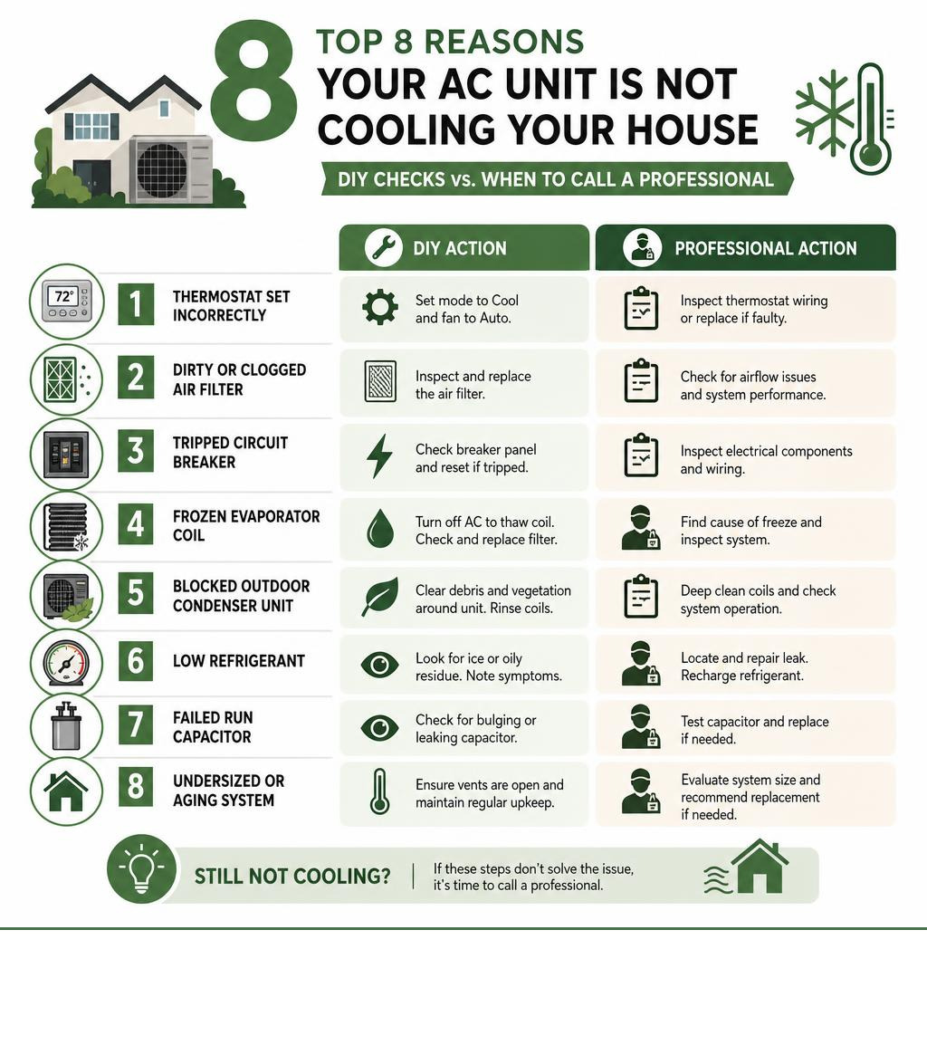 Infographic showing top 8 reasons an AC unit is not cooling a house with DIY vs professional action steps infographic