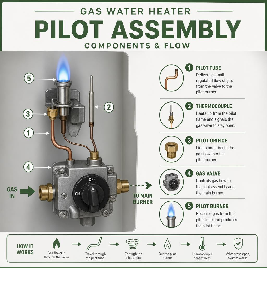 Infographic showing components of a gas water heater pilot assembly including pilot tube, thermocouple, pilot orifice, gas