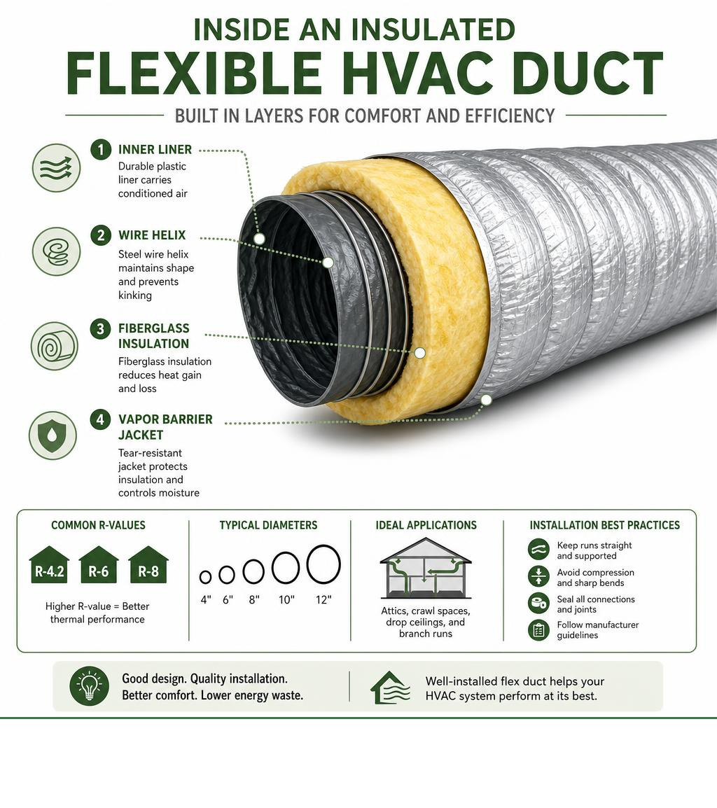 Infographic showing layers of insulated flexible duct including inner liner, wire helix, fiberglass insulation, and vapor Infographic showing layers of insulated flexible duct including inner liner, wire helix, fiberglass insulation, and vapor