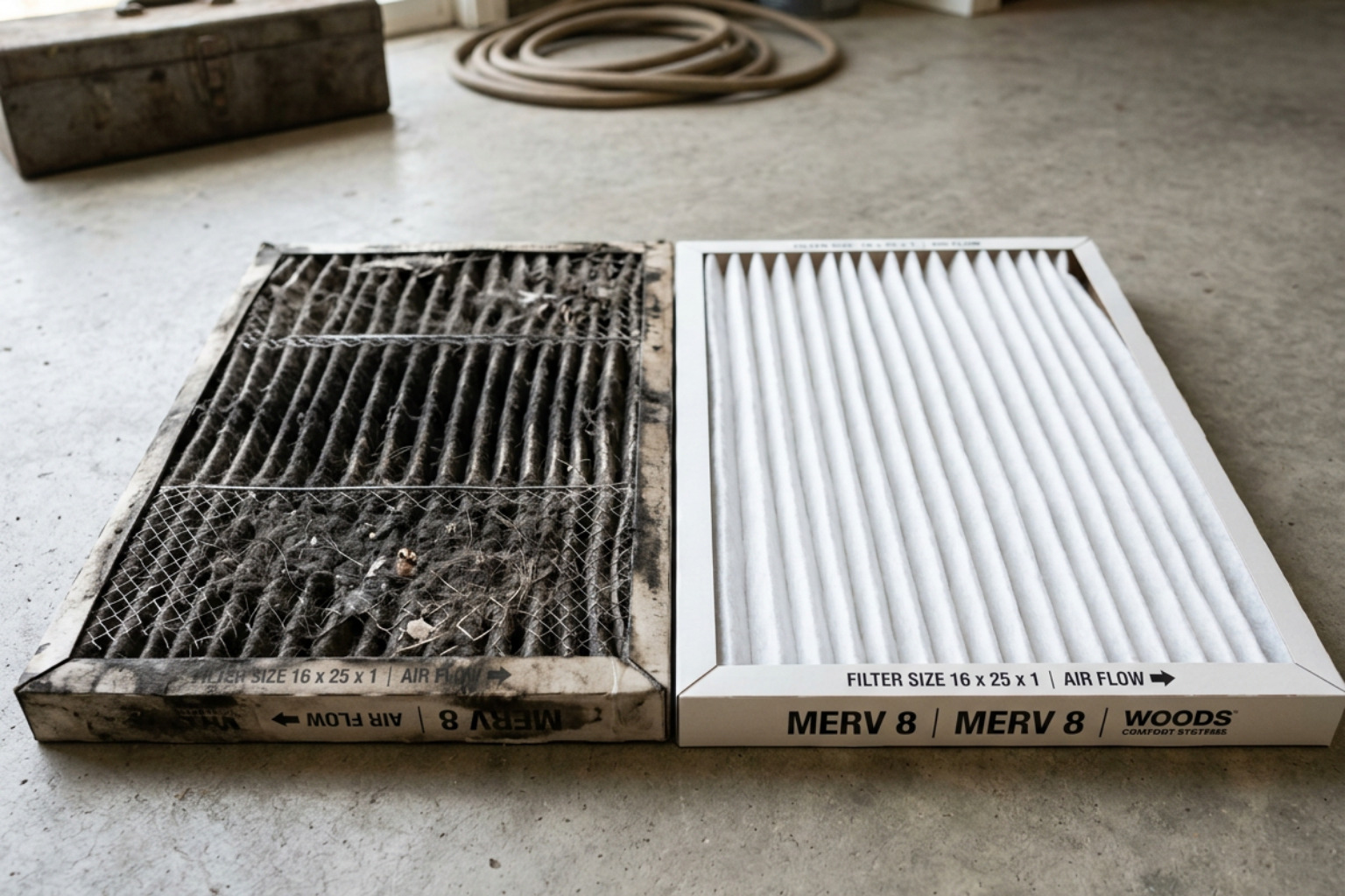 dirty AC air filter compared to a clean one