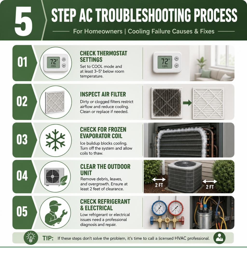 5-step AC troubleshooting process infographic for homeowners with cooling failure causes and fixes infographic