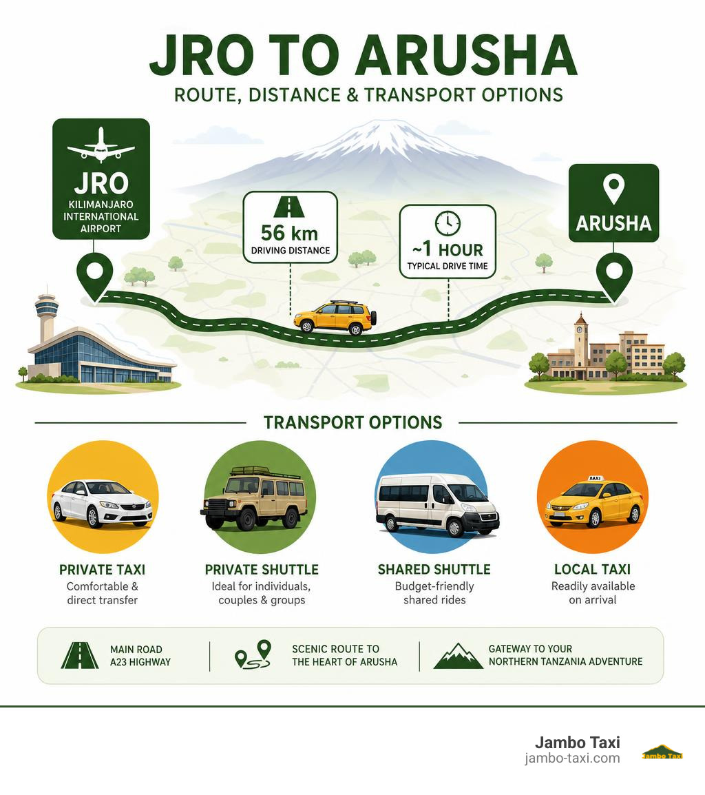 Infographic showing JRO to Arusha route map with distance 56km drive time 1 hour transport options infographic