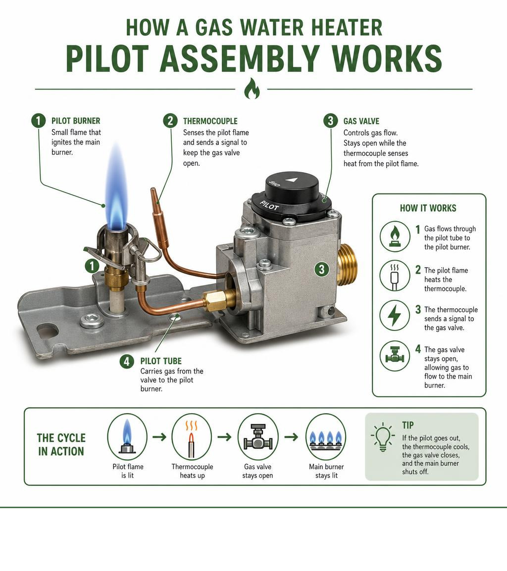 How a gas water heater pilot assembly works: pilot tube, thermocouple, gas valve, and pilot burner diagram infographic How a gas water heater pilot assembly works: pilot tube, thermocouple, gas valve, and pilot burner diagram infographic