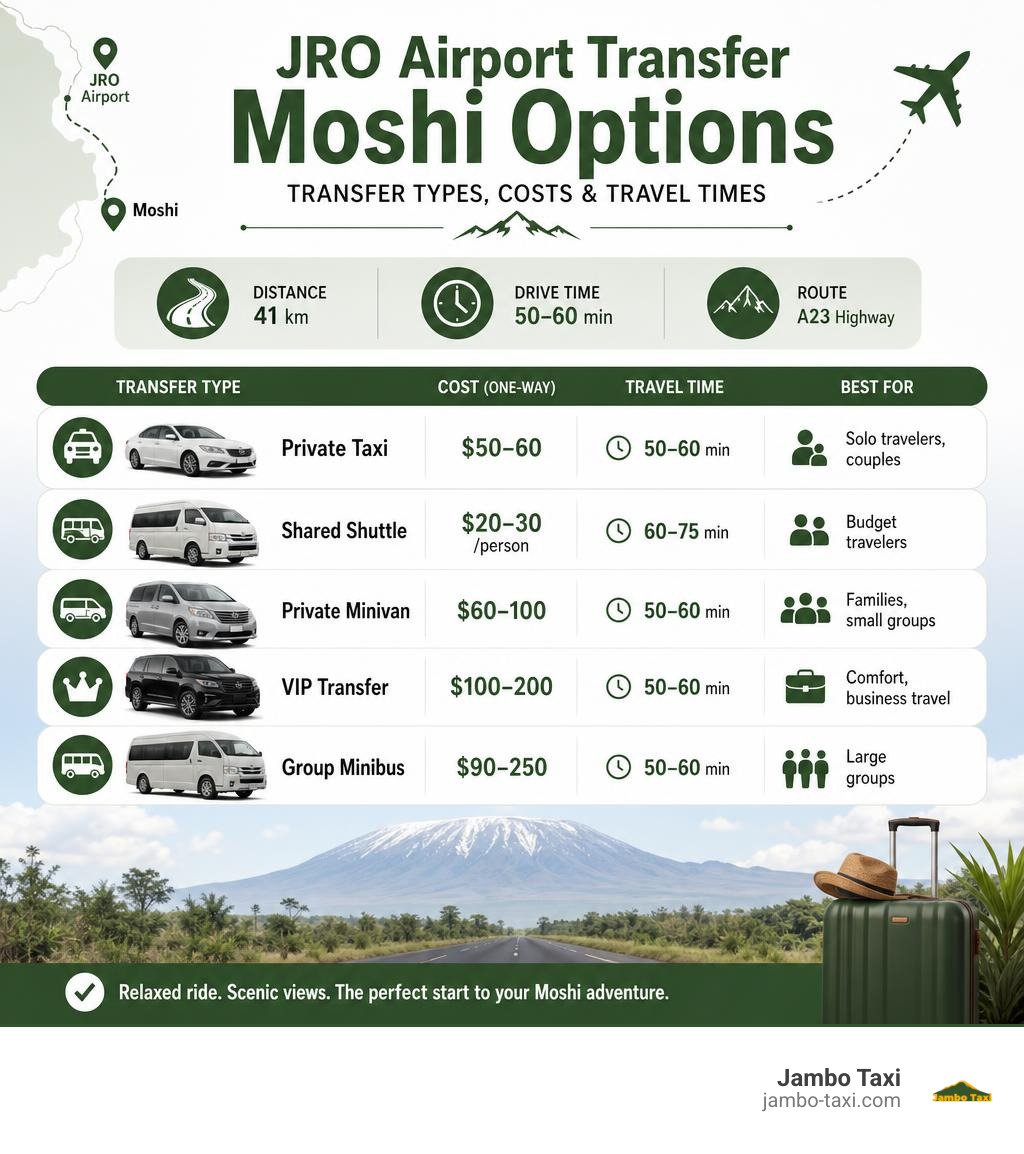 JRO airport transfer Moshi options infographic showing transfer types costs and travel times infographic
