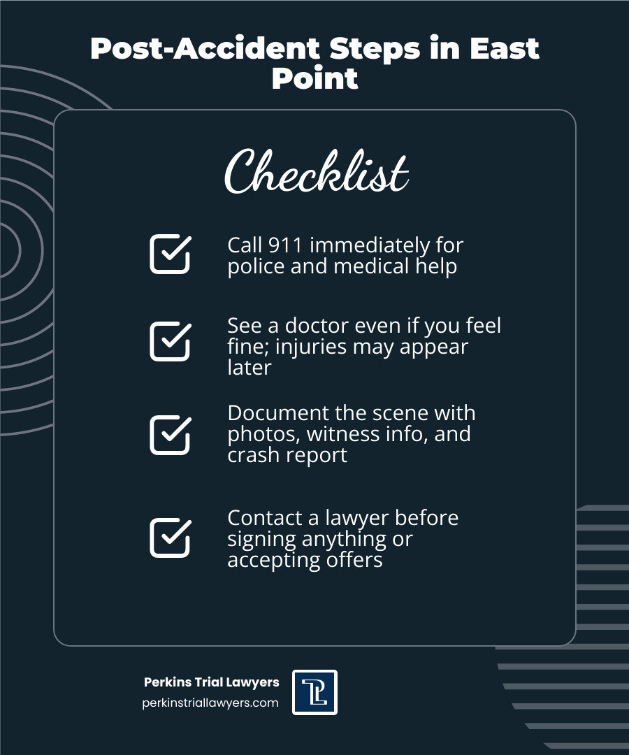 Post-accident steps infographic: call 911, get medical care, document scene, avoid insurers, contact a lawyer infographic Post-accident steps infographic: call 911, get medical care, document scene, avoid insurers, contact a lawyer infographic