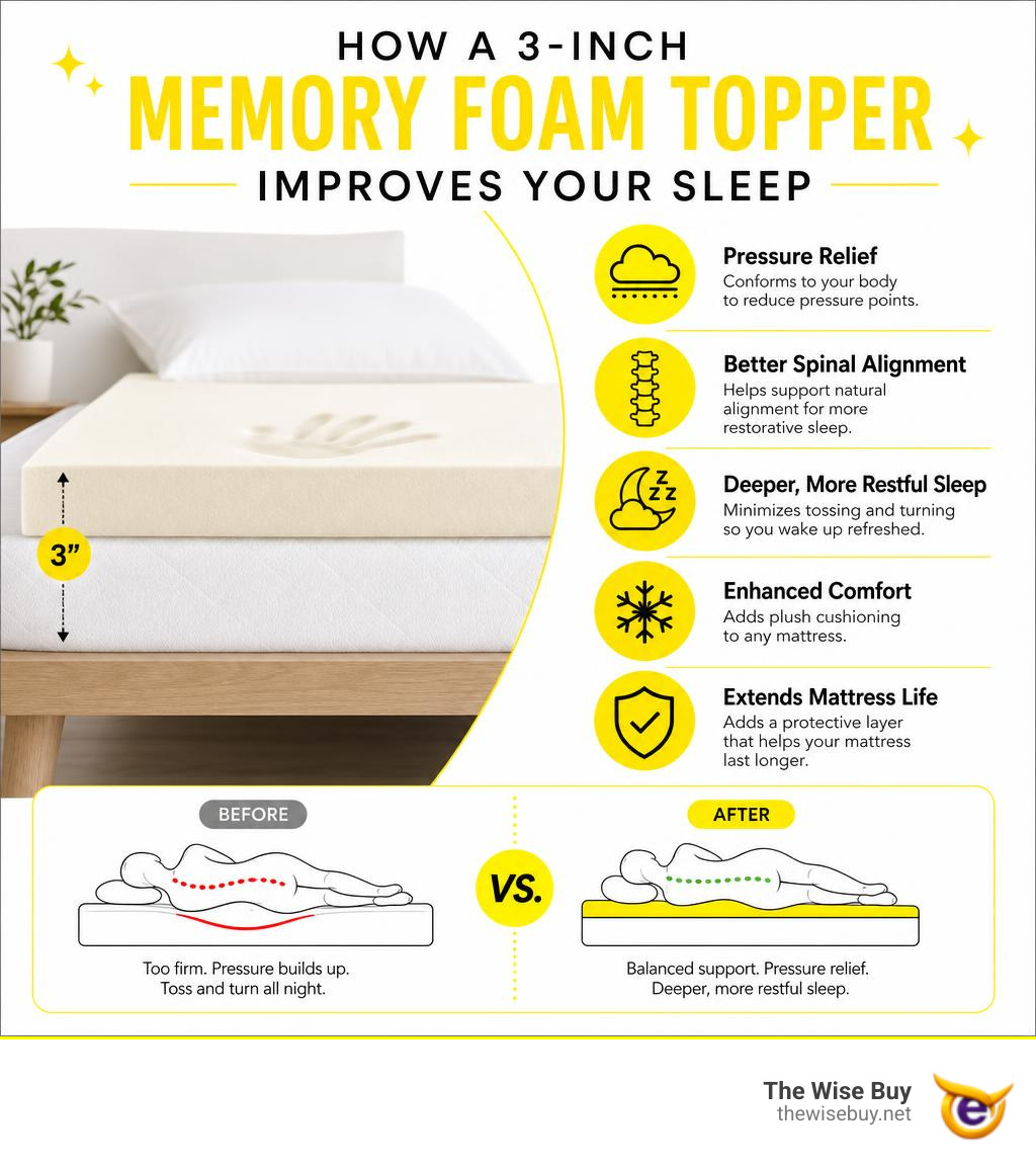 Infographic showing how a 3-inch memory foam topper improves sleep quality with key benefits listed infographic