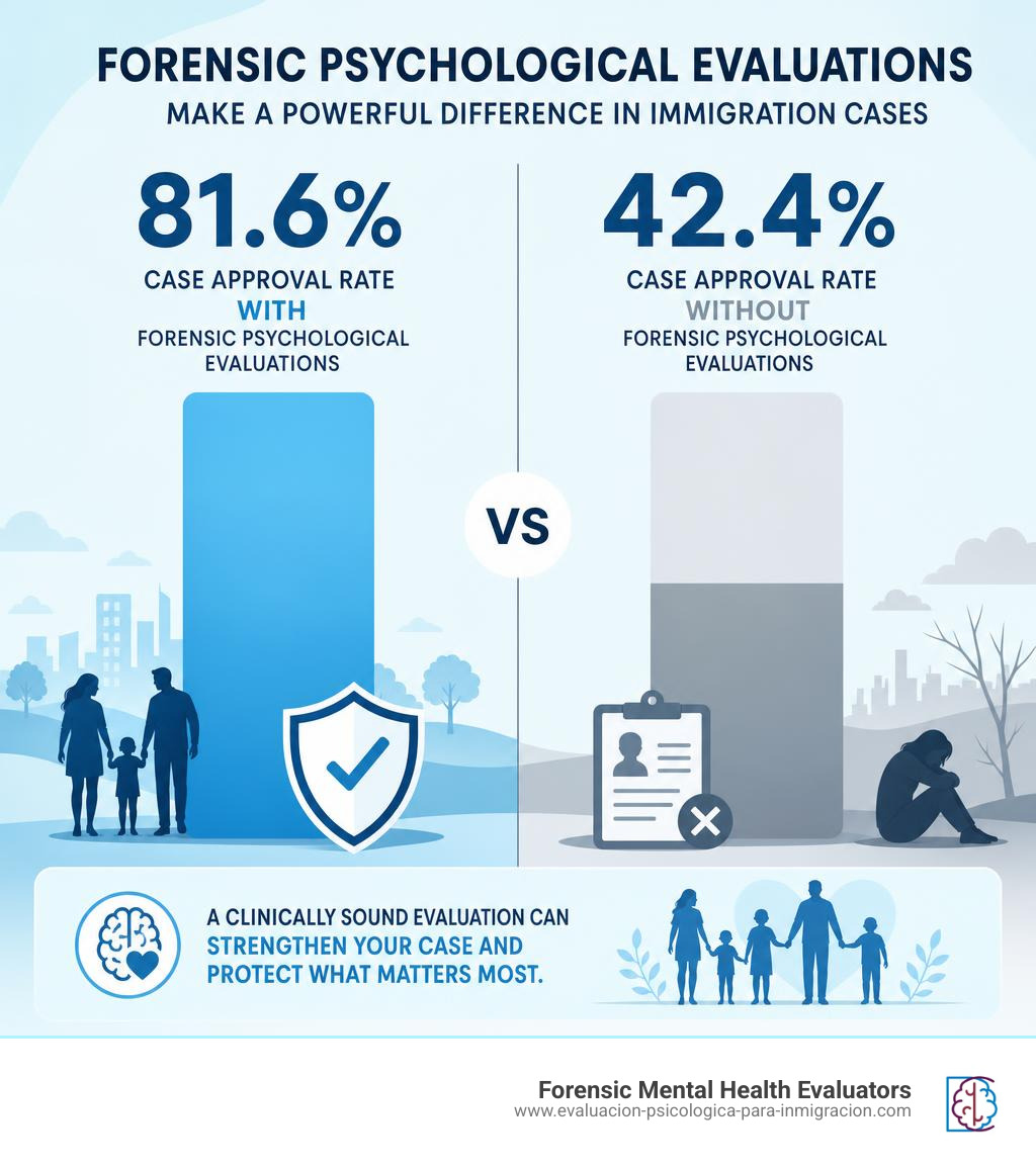 Infographic showing 81.6% vs 42.4% case approval rates with vs without forensic psychological evaluations infographic Infographic showing 81.6% vs 42.4% case approval rates with vs without forensic psychological evaluations infographic