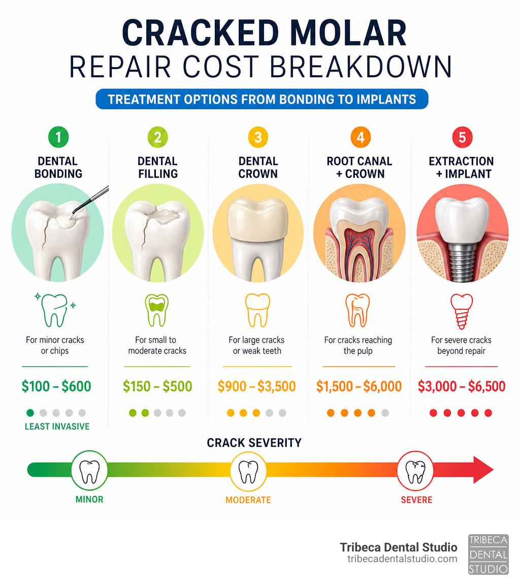 Cracked molar repair cost breakdown infographic showing treatment options from bonding to implants infographic