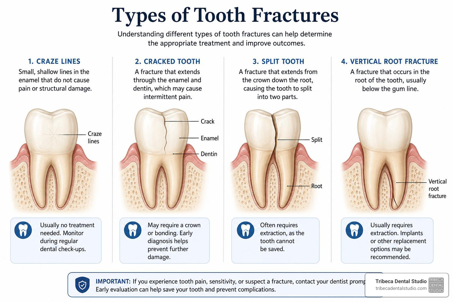 diagram of different tooth fracture types including craze lines and root fractures