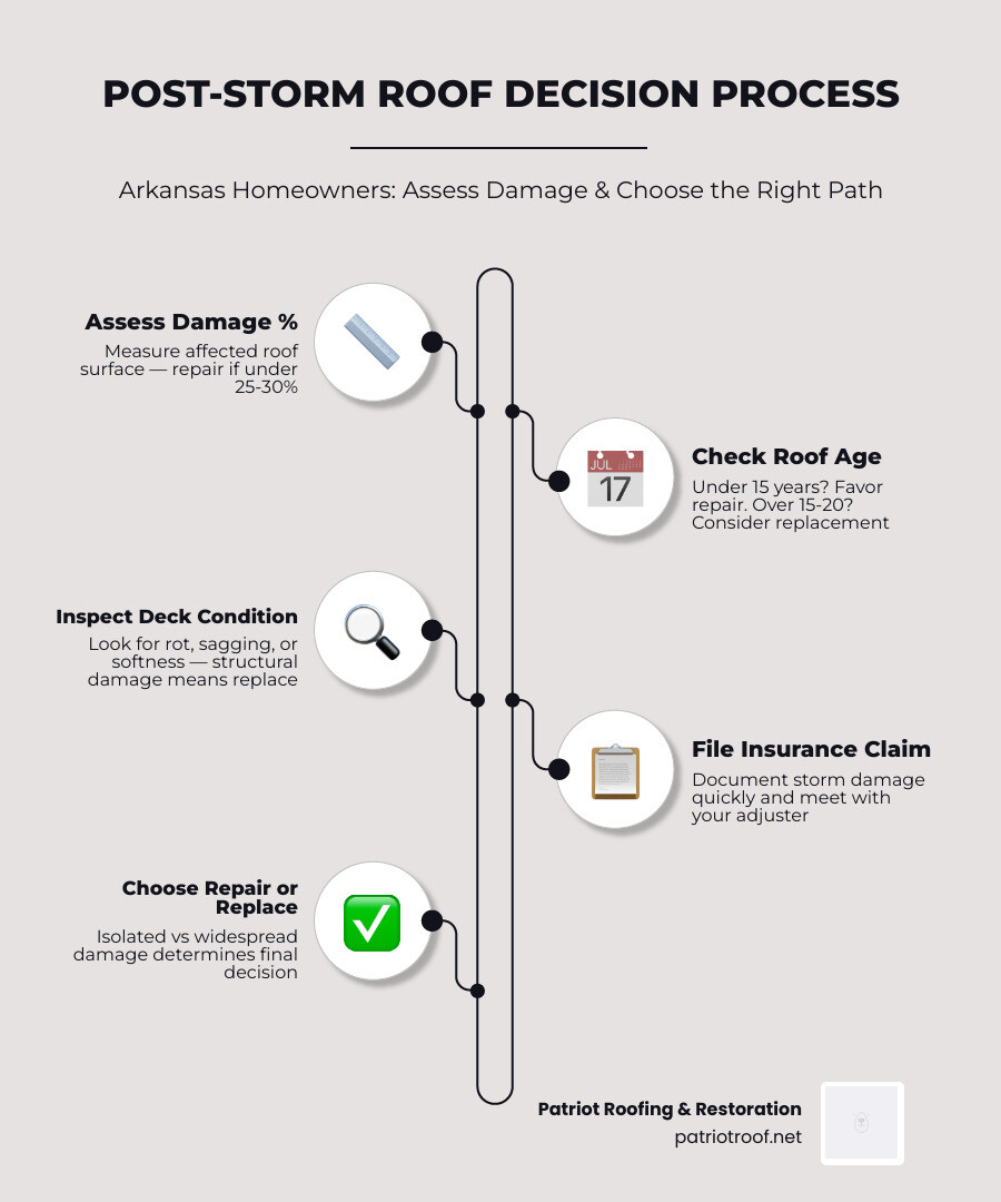 Infographic showing post-storm roof decision process: assess damage percentage, check roof age, inspect deck condition, file