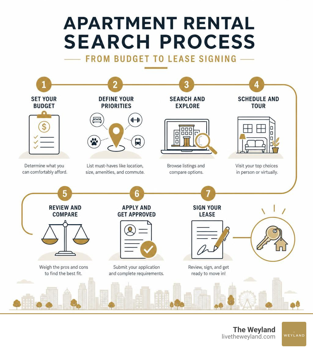 Apartment rental search process infographic showing steps from budget to lease signing infographic Apartment rental search process infographic showing steps from budget to lease signing infographic