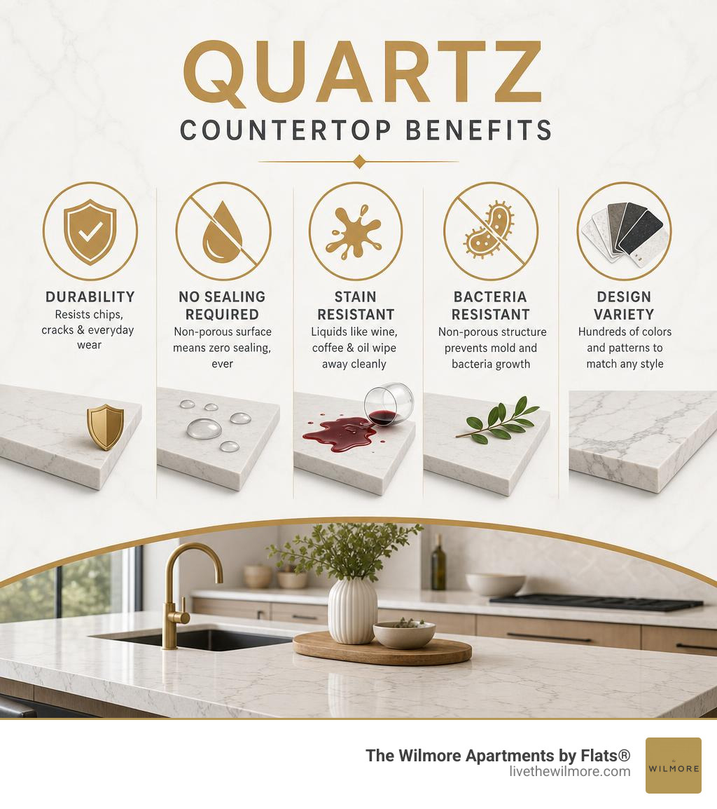 Quartz countertop benefits infographic: durability, no sealing, stain resistance, bacteria resistance, design variety Quartz countertop benefits infographic: durability, no sealing, stain resistance, bacteria resistance, design variety