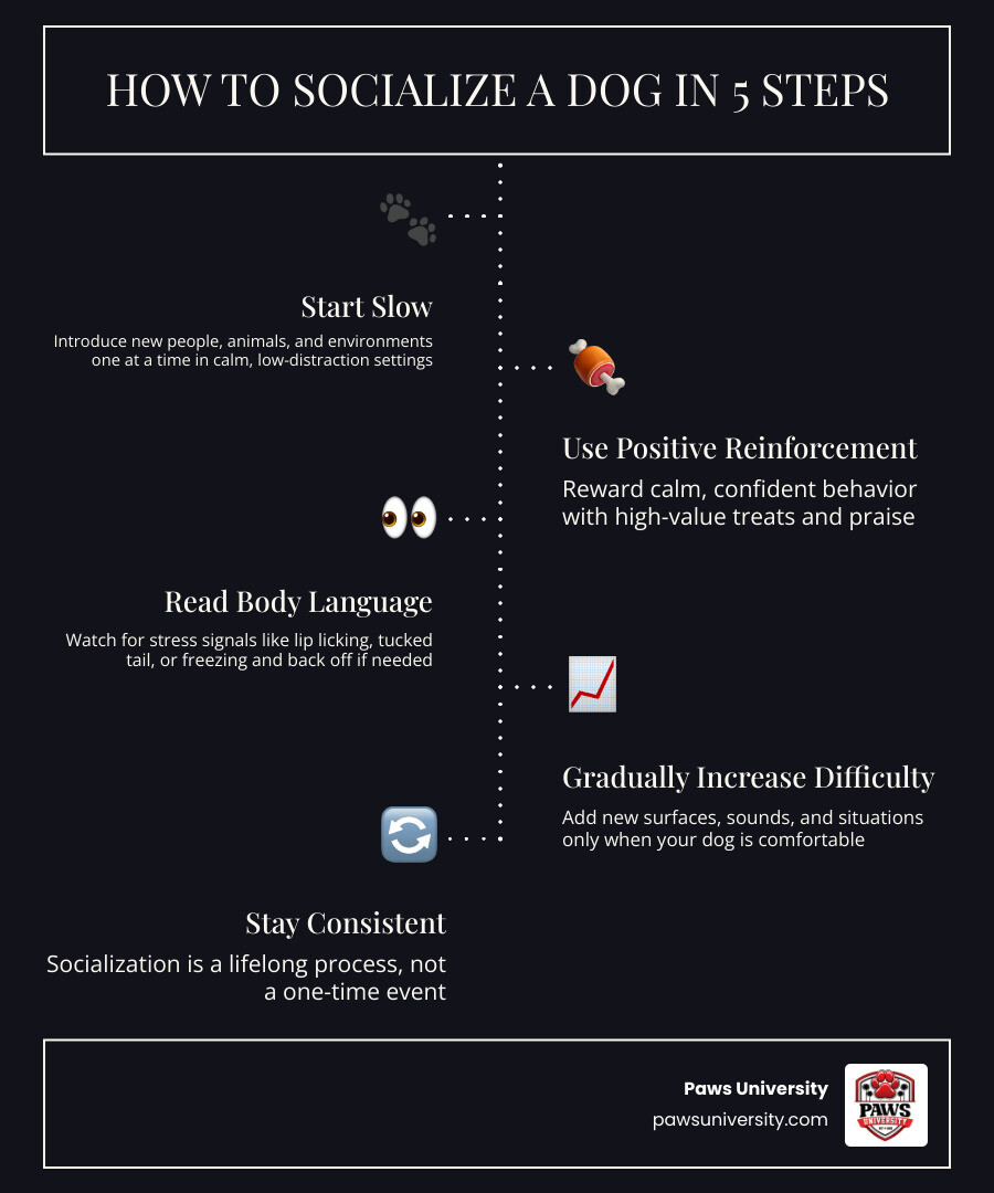 Infographic showing 5 steps to socialize a dog vs. habituation differences and stress signals to watch for infographic Infographic showing 5 steps to socialize a dog vs. habituation differences and stress signals to watch for infographic