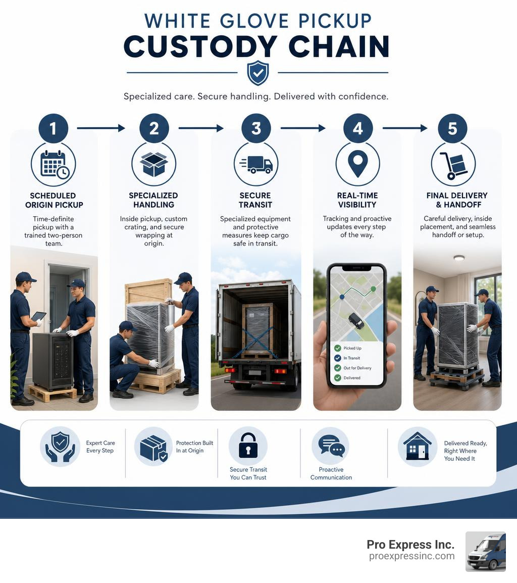 Infographic showing the white glove pickup custody chain from scheduled origin pickup through specialized handling, secure Infographic showing the white glove pickup custody chain from scheduled origin pickup through specialized handling, secure