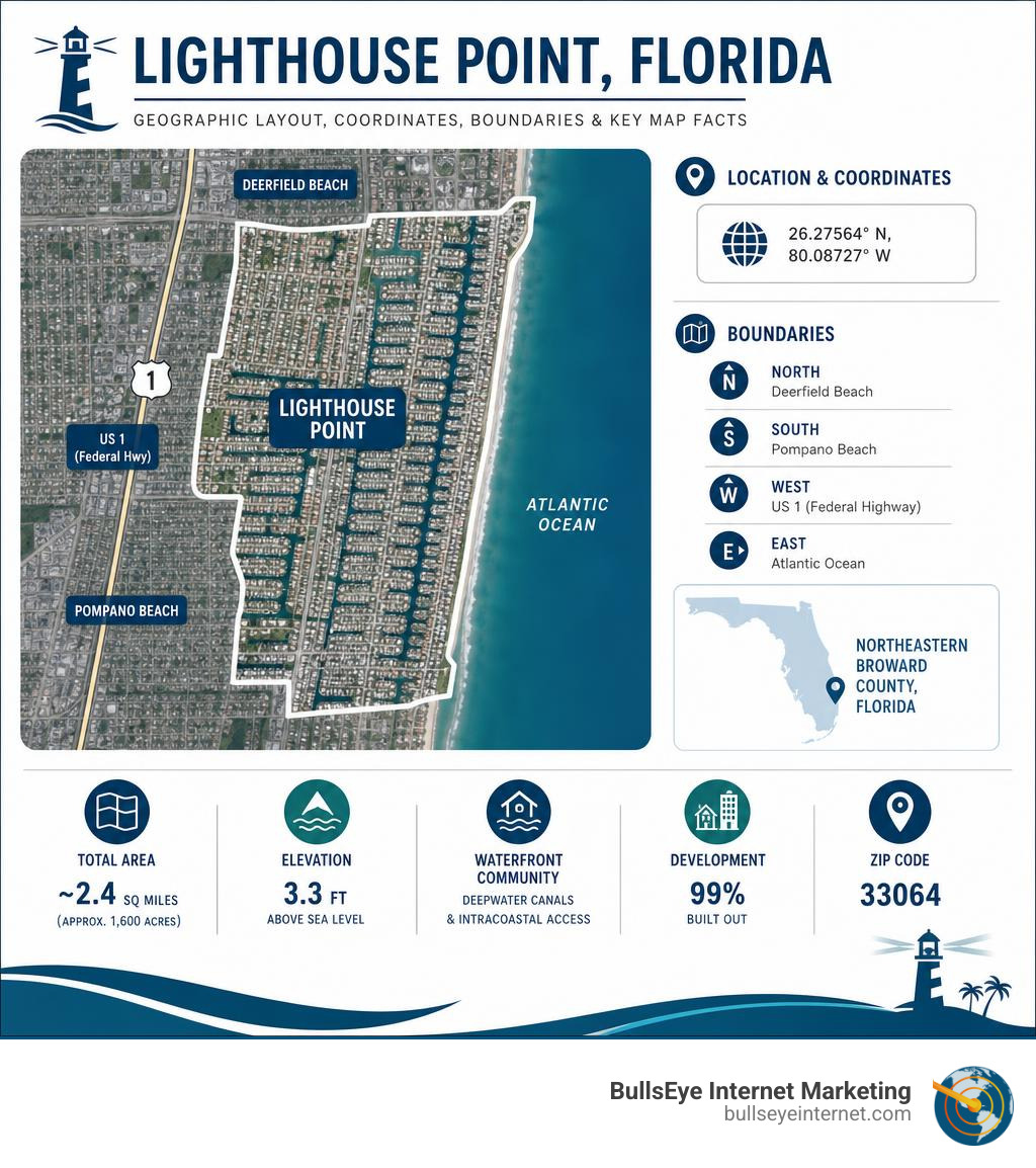 Infographic showing Lighthouse Point geographic layout coordinates boundaries and key map facts infographic Infographic showing Lighthouse Point geographic layout coordinates boundaries and key map facts infographic