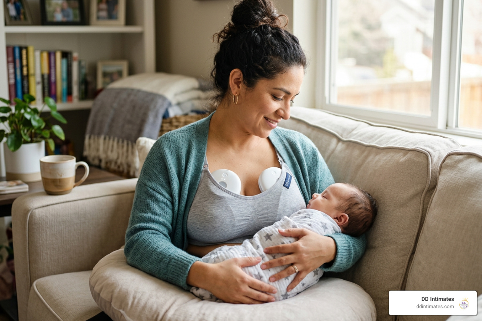 A mother using a hands-free pumping and nursing bra with wearable pumps