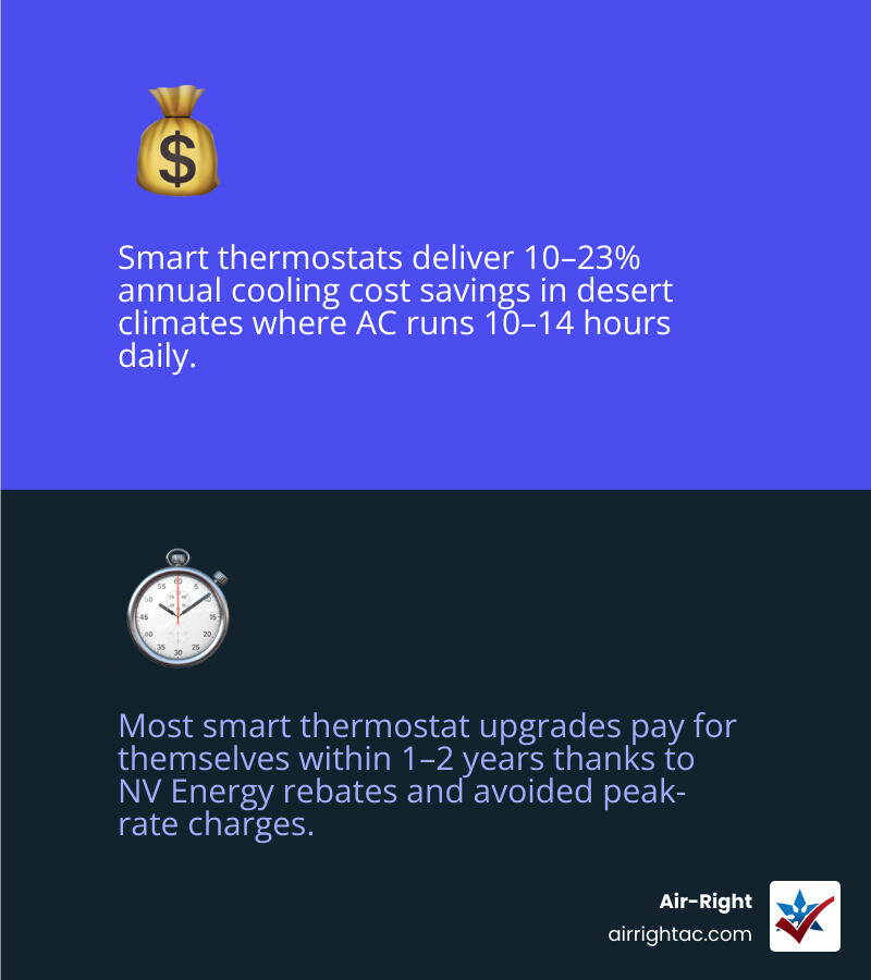 Infographic showing smart thermostat savings breakdown for desert climates including runtime hours, percentage savings
