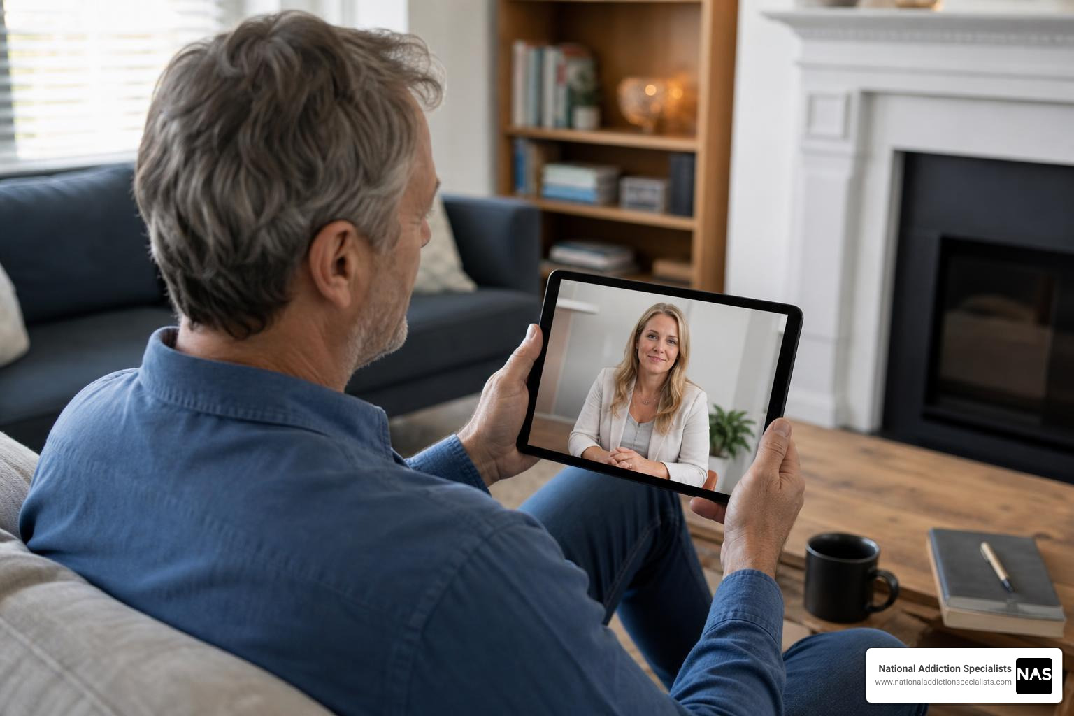 Patient using a tablet for a telehealth consultation with a supportive addiction specialist