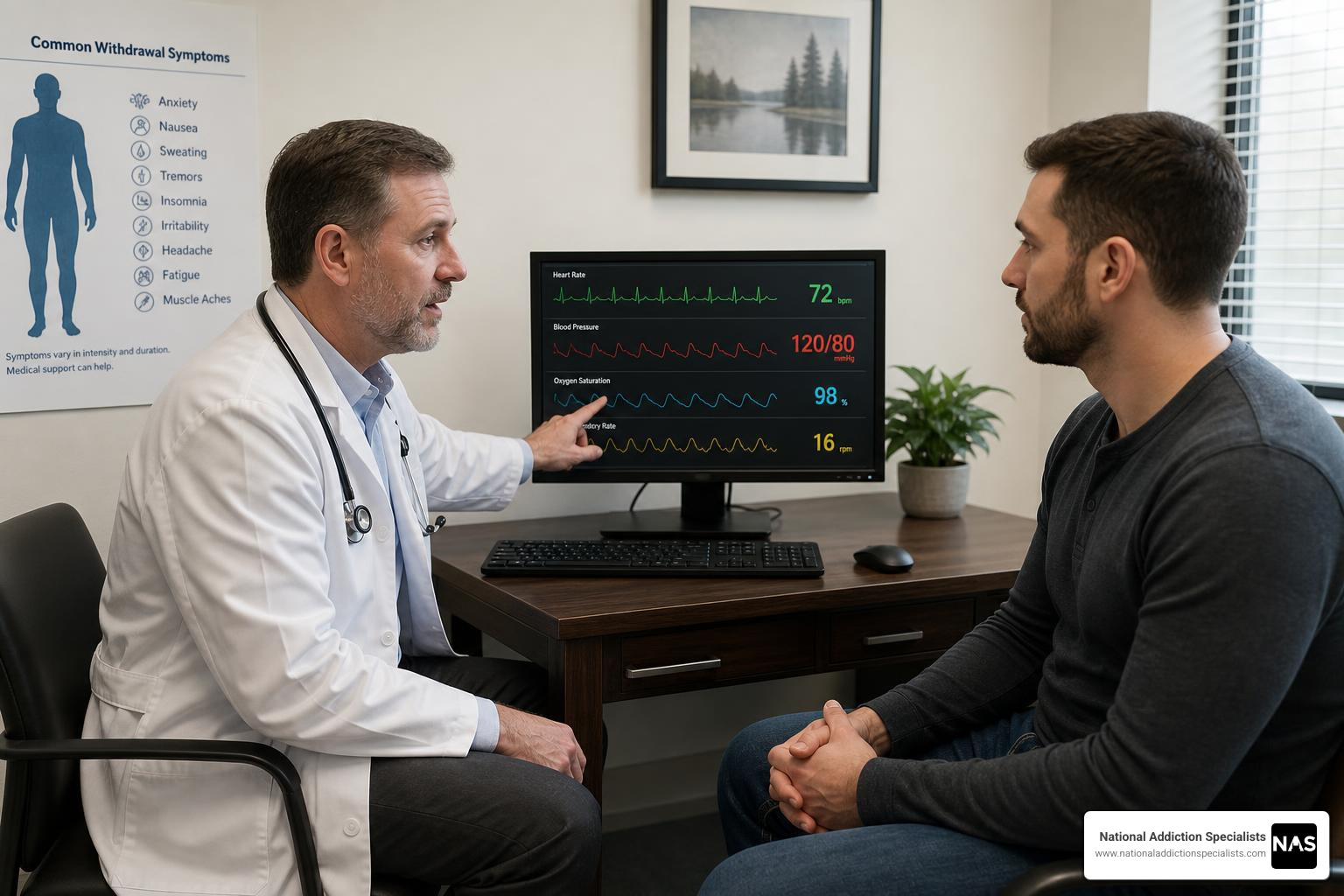 Clinician reviewing a patient's vital signs and withdrawal symptoms during a medical consultation