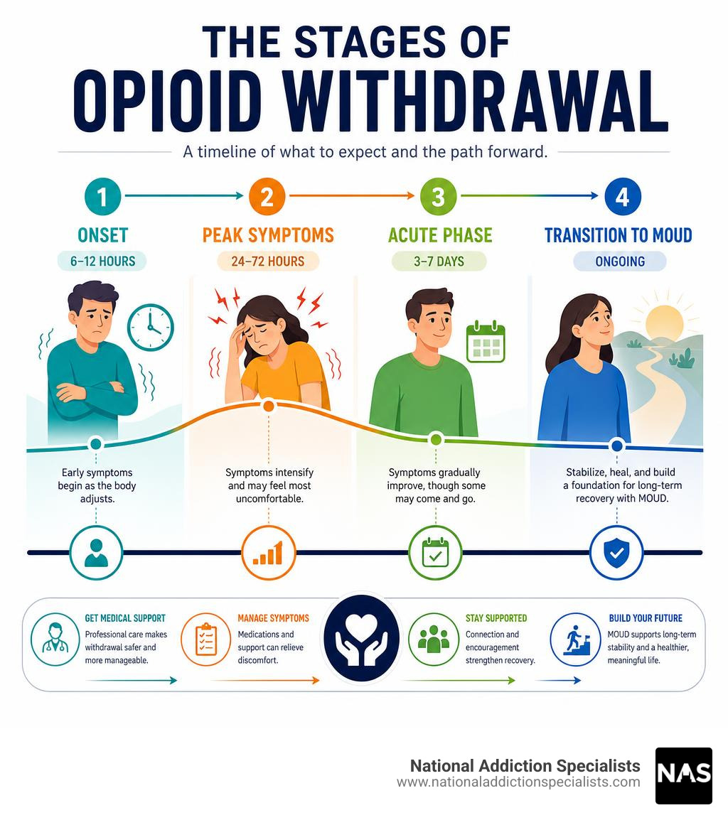 Infographic showing the stages of opioid withdrawal: onset, peak symptoms, acute phase, and transition to MOUD infographic