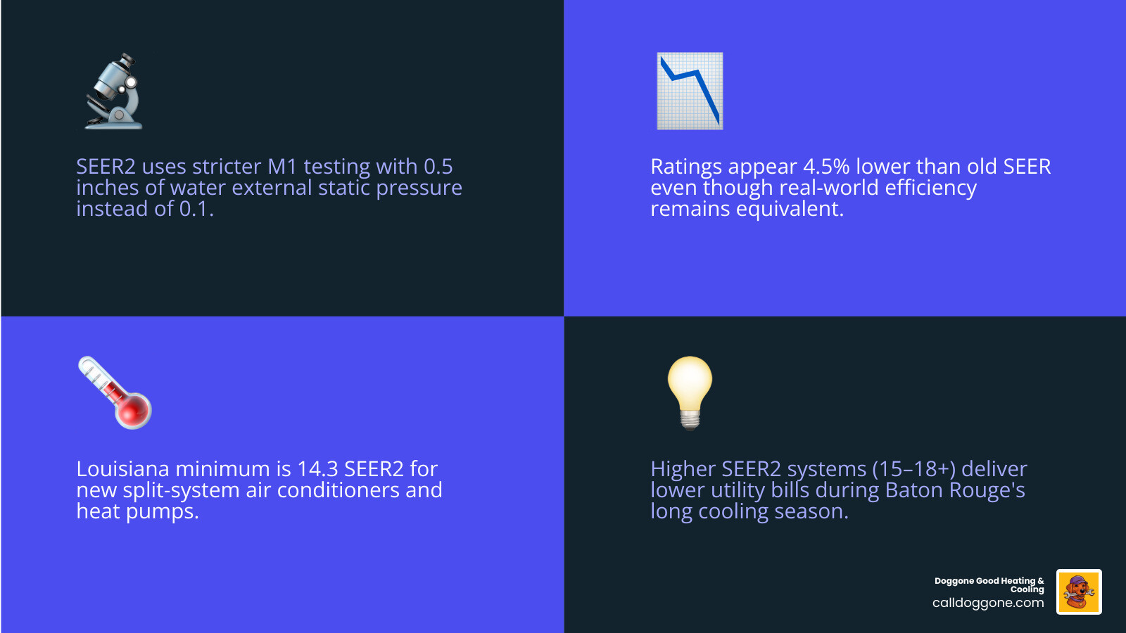 Infographic comparing SEER vs SEER2 testing standards, efficiency ratings, and what they mean for homeowners infographic