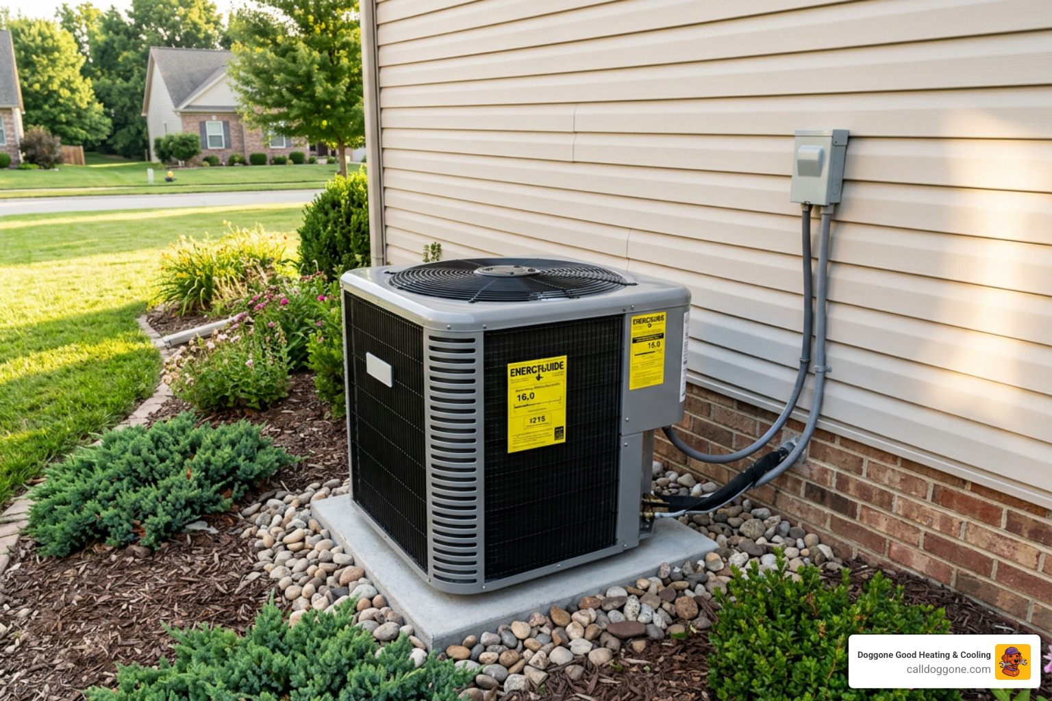Yellow EnergyGuide label showing SEER2 and annual operating cost estimates on modern outdoor AC condenser