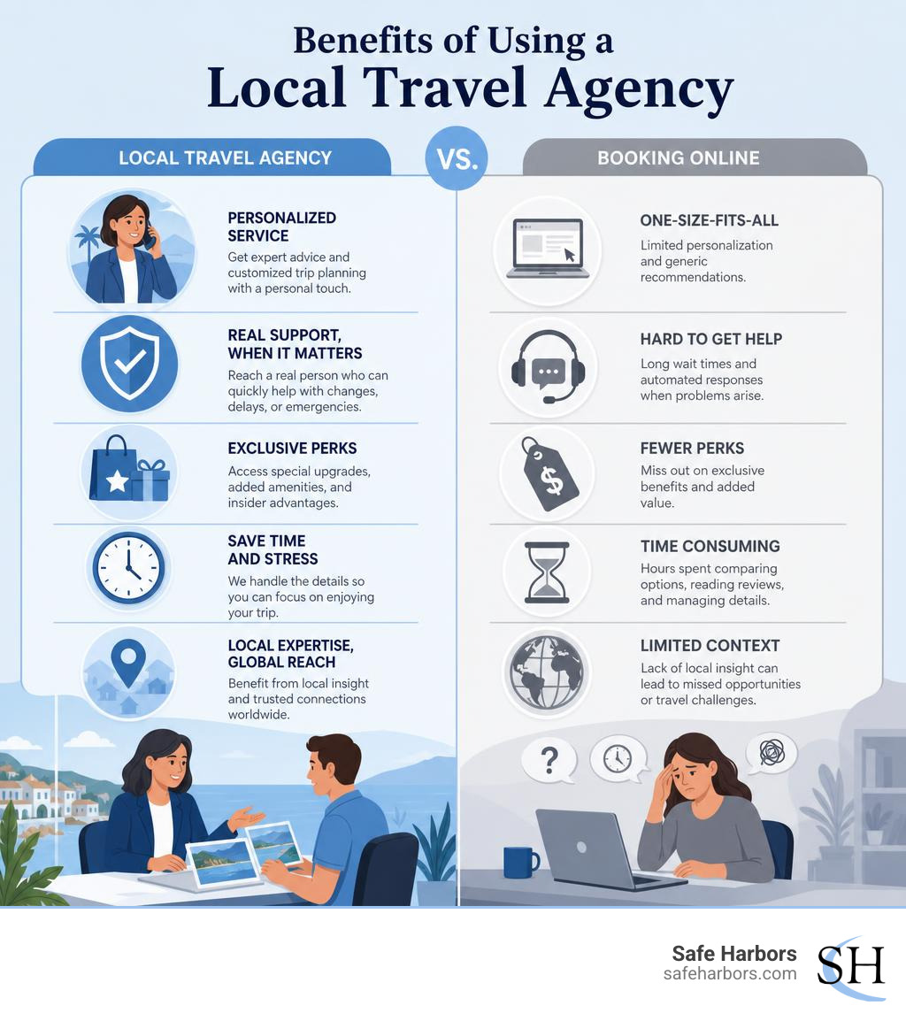 Benefits of using a local travel agency vs booking online infographic infographic