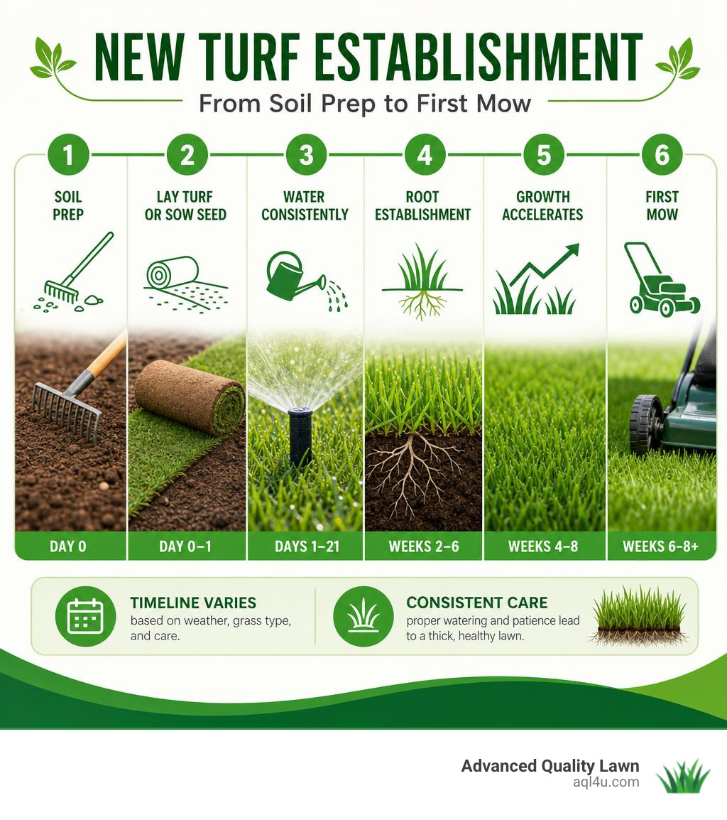Timeline infographic showing stages of new turf establishment from soil prep to first mow infographic