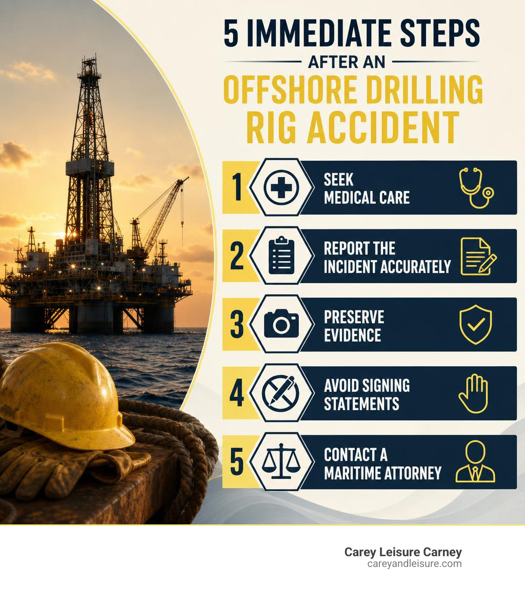 Infographic: 5 immediate steps after an offshore drilling rig accident — seek medical care, report the incident accurately Infographic: 5 immediate steps after an offshore drilling rig accident — seek medical care, report the incident accurately
