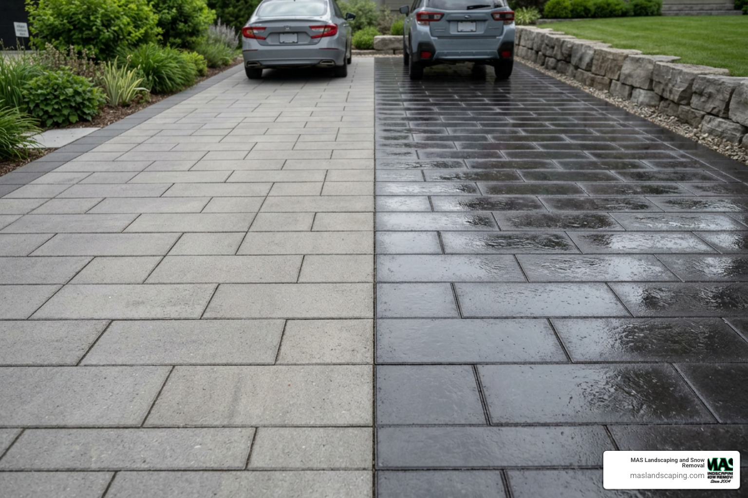 Comparison of matte vs wet look paver finishes on a concrete driveway