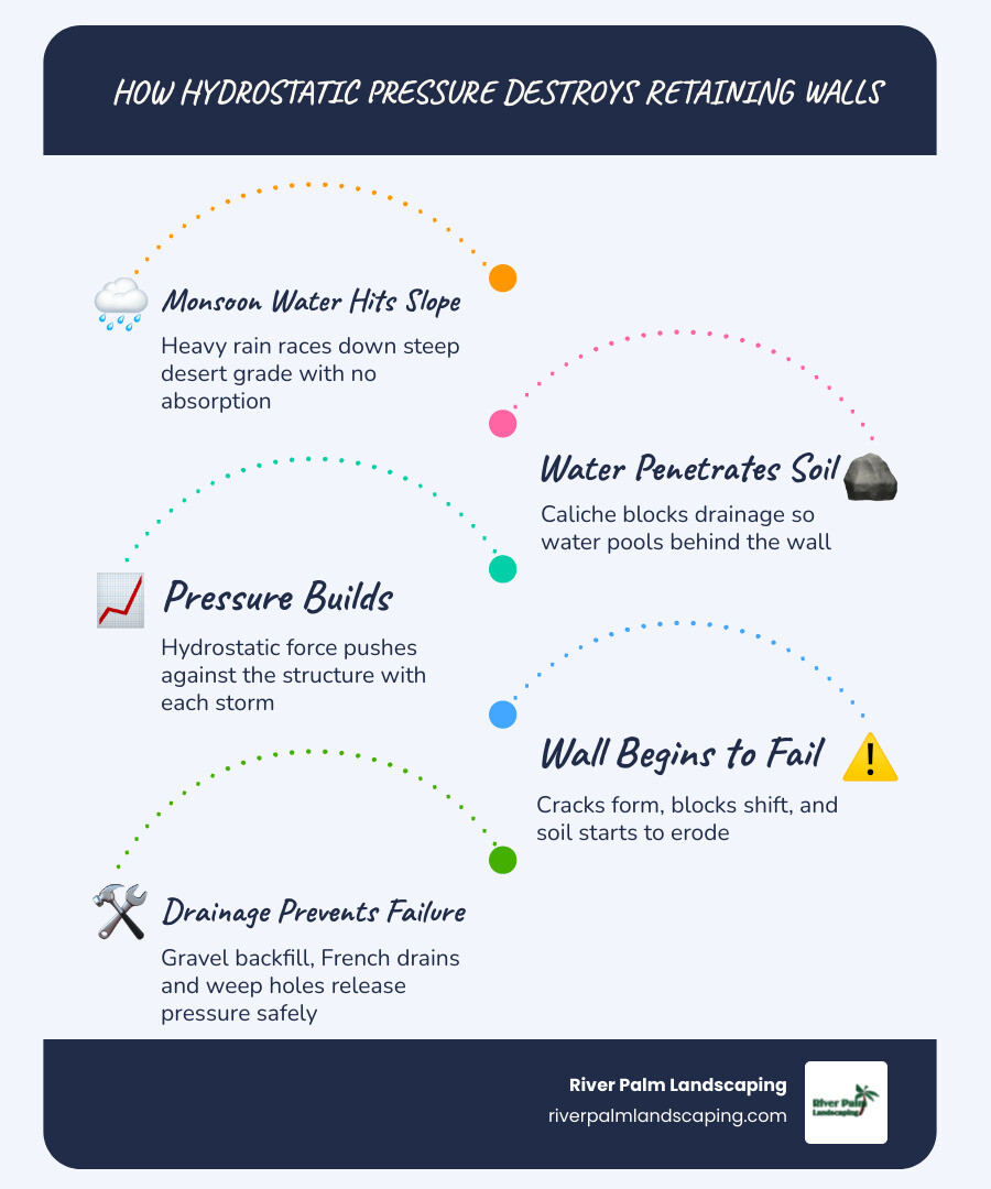 Infographic showing hydrostatic pressure buildup, monsoon drainage paths, and retaining wall failure causes with solution