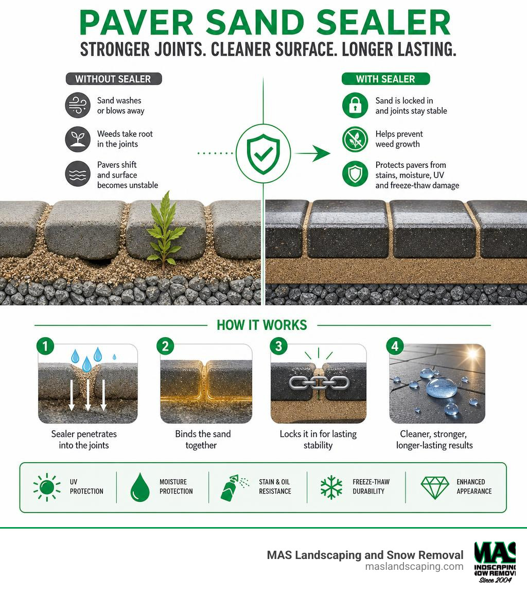 Infographic showing how paver sand sealer stabilizes joints, prevents weeds, and protects paver surfaces infographic