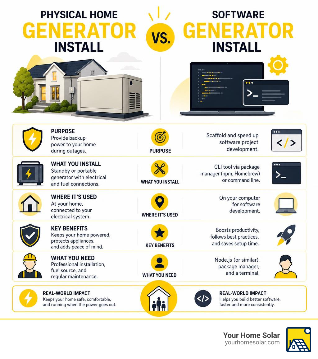 Physical home generator install vs software generator install comparison infographic infographic Physical home generator install vs software generator install comparison infographic infographic