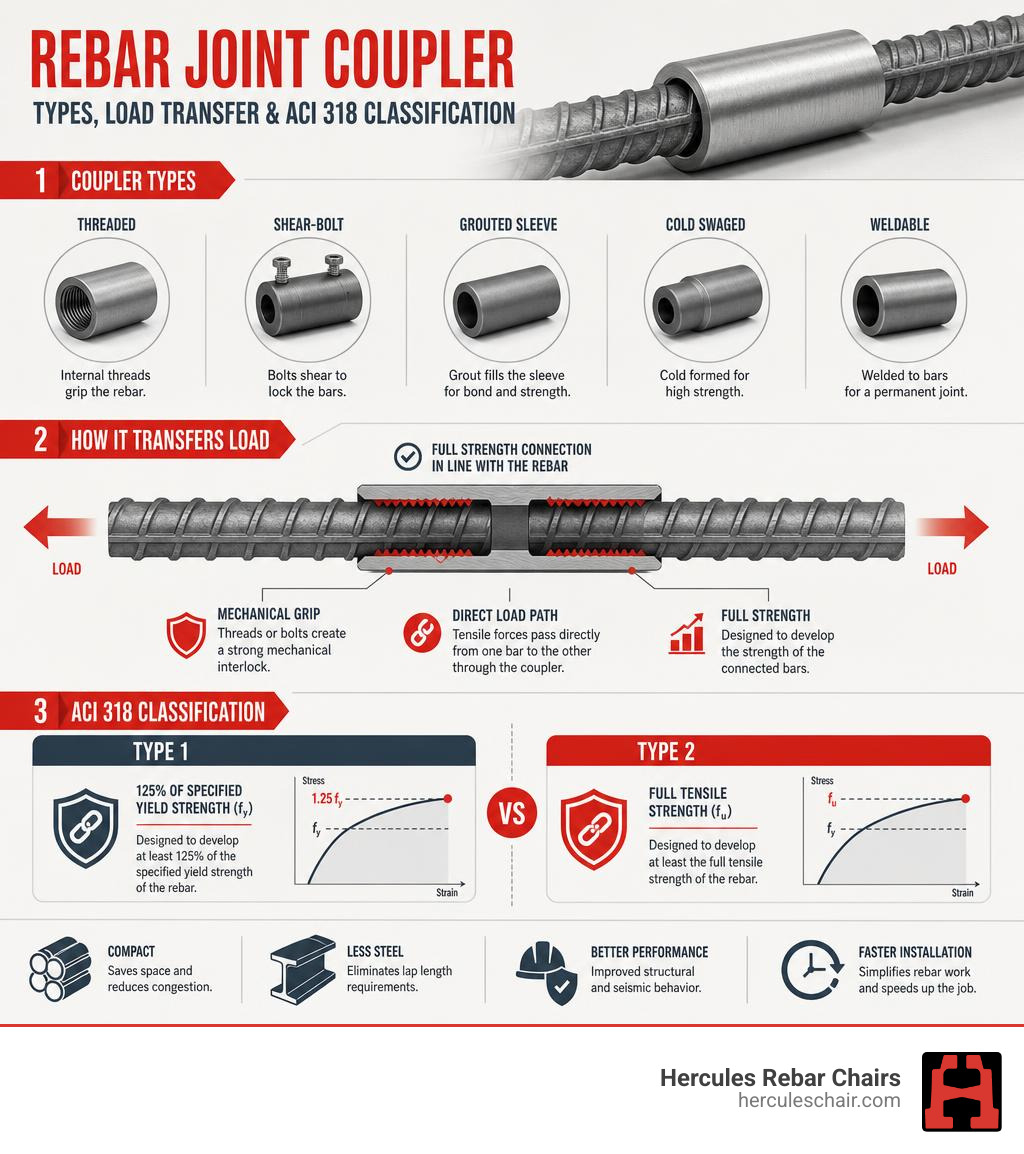 Infographic showing rebar joint coupler types, load transfer mechanism, and ACI 318 Type 1 vs Type 2 classification Infographic showing rebar joint coupler types, load transfer mechanism, and ACI 318 Type 1 vs Type 2 classification