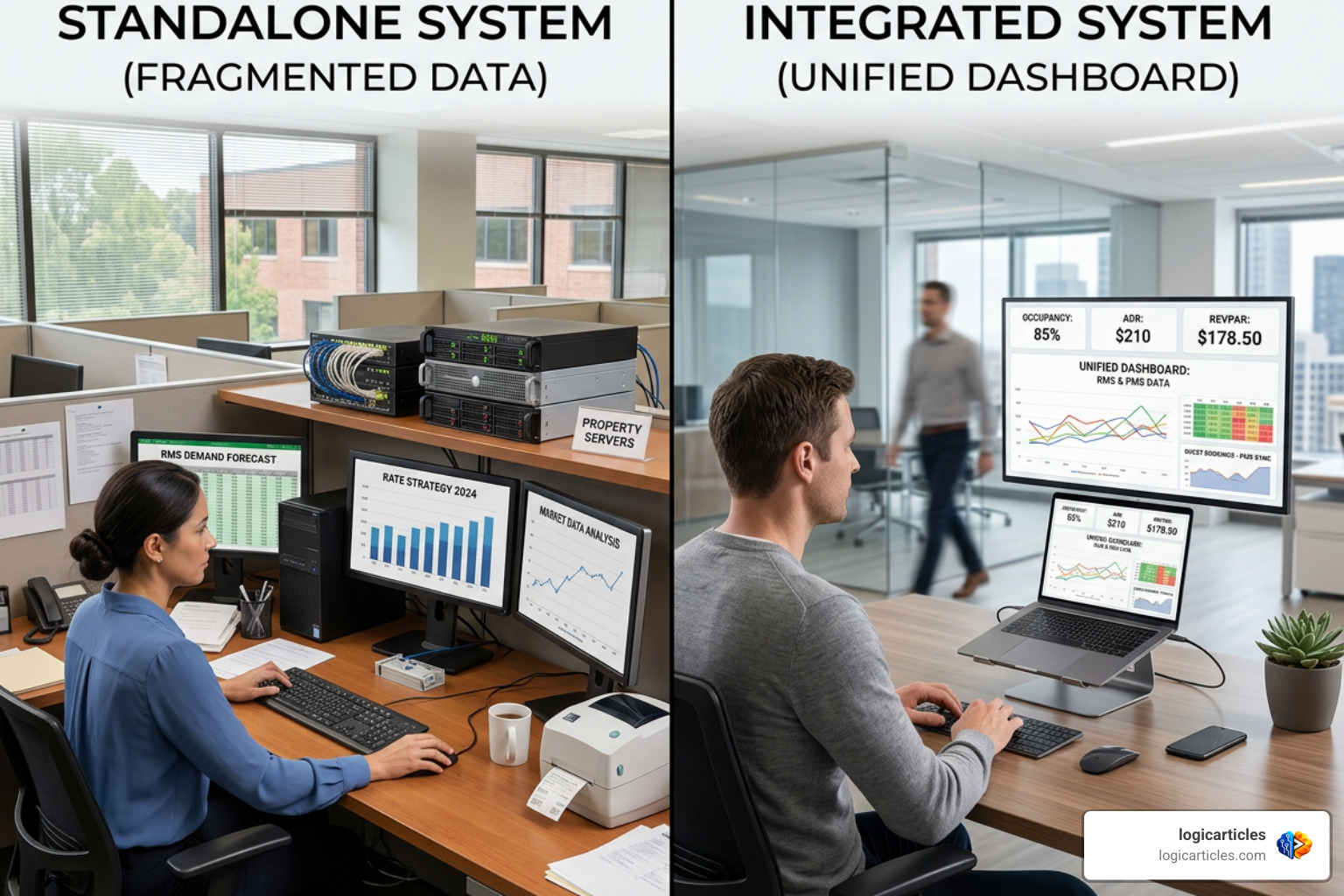 Visual comparison of standalone vs integrated revenue management software architectures Visual comparison of standalone vs integrated revenue management software architectures