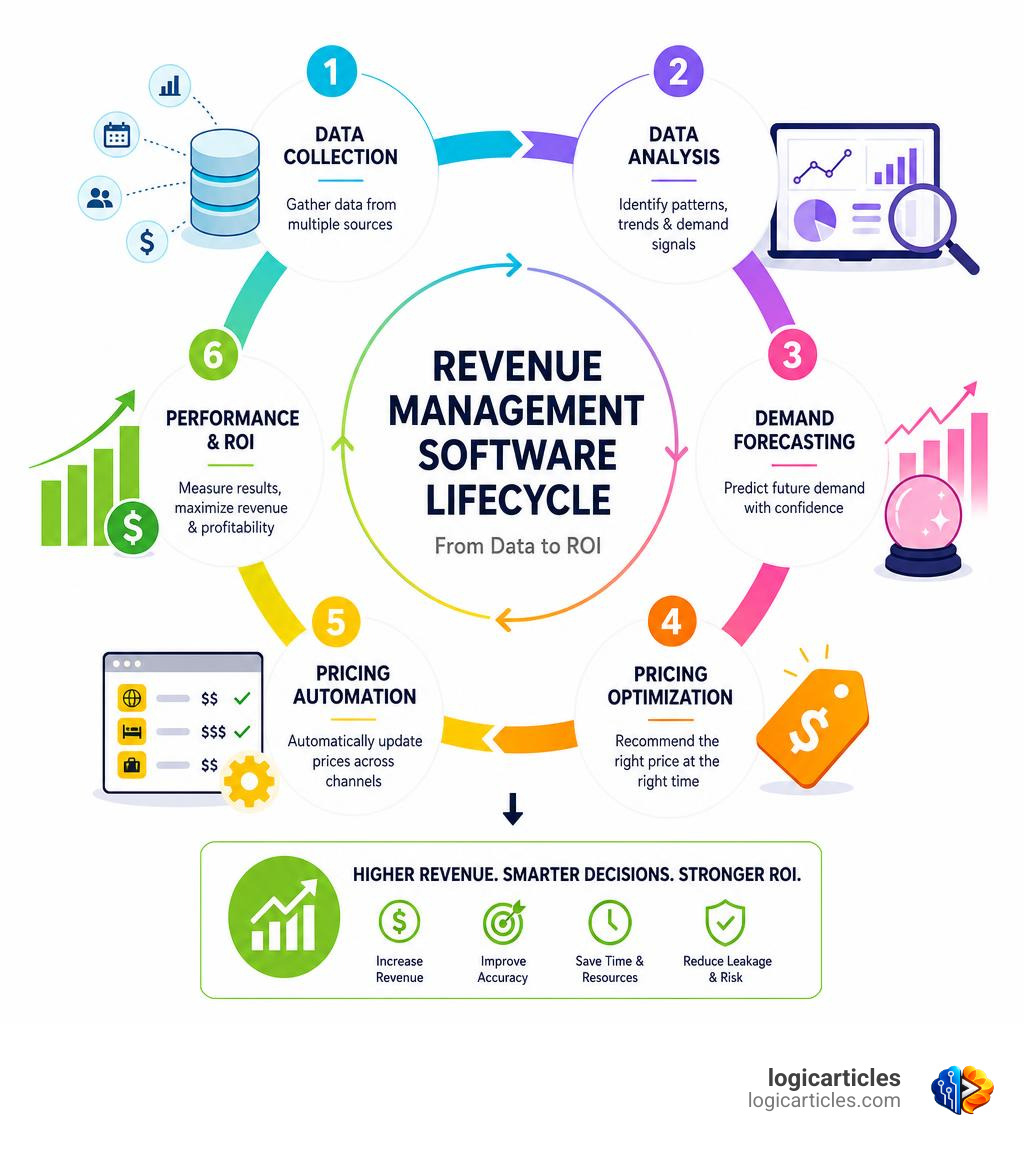 Revenue management software lifecycle from data collection to pricing automation and ROI infographic Revenue management software lifecycle from data collection to pricing automation and ROI infographic